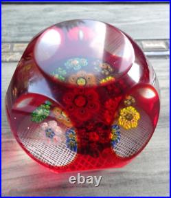 MAGNUM Murano Art Glass Ruby Overlay Cut Faceted Millefiori Rondelle Paperweight