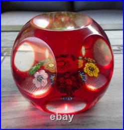 MAGNUM Murano Art Glass Ruby Overlay Cut Faceted Millefiori Rondelle Paperweight