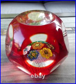 MAGNUM Murano Art Glass Ruby Overlay Cut Faceted Millefiori Rondelle Paperweight