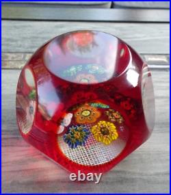 MAGNUM Murano Art Glass Ruby Overlay Cut Faceted Millefiori Rondelle Paperweight