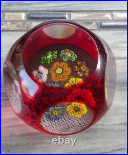 MAGNUM Murano Art Glass Ruby Overlay Cut Faceted Millefiori Rondelle Paperweight