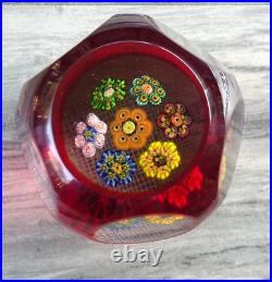 MAGNUM Murano Art Glass Ruby Overlay Cut Faceted Millefiori Rondelle Paperweight