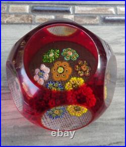 MAGNUM Murano Art Glass Ruby Overlay Cut Faceted Millefiori Rondelle Paperweight