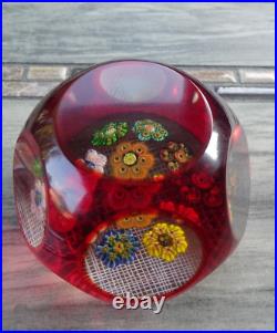 MAGNUM Murano Art Glass Ruby Overlay Cut Faceted Millefiori Rondelle Paperweight