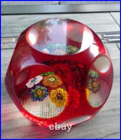 MAGNUM Murano Art Glass Ruby Overlay Cut Faceted Millefiori Rondelle Paperweight