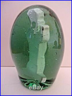MID 19thC RARE VICTORIAN GREEN GLASS DUMP PAPERWEIGHT, WITH CHERUB CLAY FIGURE