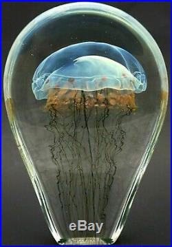 Magnificent RICK SATAVA Blue MOON JELLYFISH Art Glass PAPERWEIGHT with Base 7.8