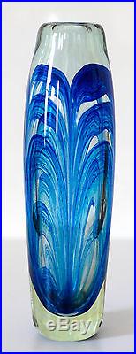 Mark Peiser American studio art glass signed 10 ½ blue paperweight vase 1969