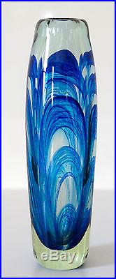 Mark Peiser American studio art glass signed 10 ½ blue paperweight vase 1969