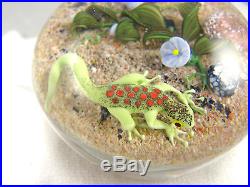 Mayauel Ward Glass Paperweight Red Spotted Green Lizard on Desert Sand 1994