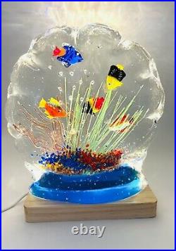 Murano Art Glass Aquarium Tropical 5 Fish On Base With Base Light Paperweight