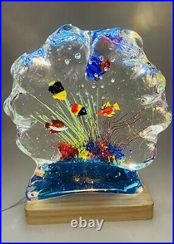 Murano Art Glass Aquarium Tropical 5 Fish On Base With Base Light Paperweight