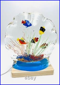 Murano Art Glass Aquarium Tropical 5 Fish On Base With Base Light Paperweight