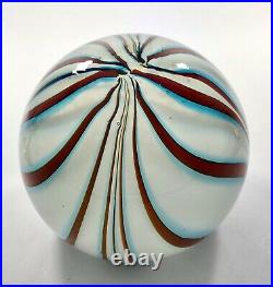 Murano Art Glass Paperweight Pulled Feather Design Deep Orange Light Blue Large