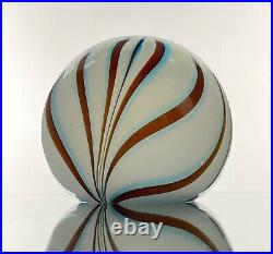 Murano Art Glass Paperweight Pulled Feather Design Deep Orange Light Blue Large