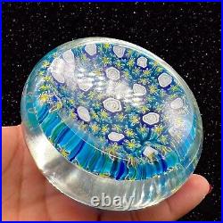 Murano Art Glass Paperweight Round Heavy Italy Multicolor Flowers 3.5W 2.5T