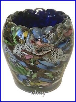Murano Glass Millefiori flowers Vase Paperweight Cobalt Blue Inside Handmade