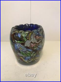 Murano Glass Millefiori flowers Vase Paperweight Cobalt Blue Inside Handmade