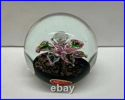 Murano Italy Crystal Bubble Flower Lavender Round Art Glass Paperweight