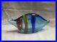 Murano glass fish Signed Withsticker Mid Century Blue with blue, yellow, red strip