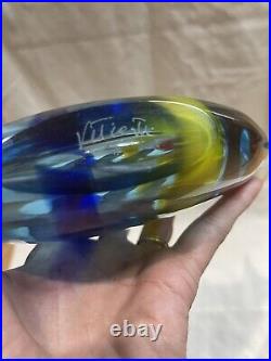 Murano glass fish Signed Withsticker Mid Century Blue with blue, yellow, red strip