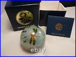Orient & Flume 1977 Flowers & Dragonfly Signed Art Glass Paperweight BOX PAPER
