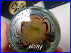 Orient & Flume 1977 Flowers & Dragonfly Signed Art Glass Paperweight BOX PAPER