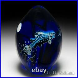 Orient & Flume (1991) Trout and Full Moon blue egg-shaped glass art paperweight