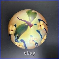 Orient & Flume Art Glass Flowers & Dragonfly Paperweight with Box Signed 1976