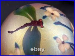 Orient & Flume Art Glass Flowers & Dragonfly Paperweight with Box Signed 1976