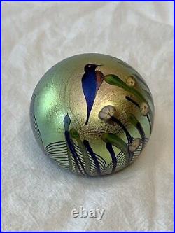 Orient & Flume Art Glass Iridescent Bird & Flowers Paperweight 1977 Signed