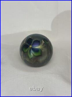 Orient & Flume Blue Iridescent Flower Art Glass Paperweight Signed 1976