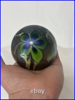 Orient & Flume Blue Iridescent Flower Art Glass Paperweight Signed 1976