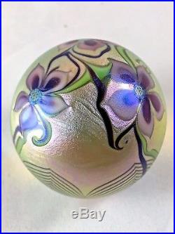 Orient & Flume Iridescent Gold Paperweight Flowers Vines 2-1/4 Pulled 1979