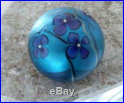 Orient & Flume Signed Art Glass Paperweight Beautiful Blue Tones & Flowers 1977