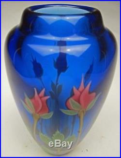 Orient and Flume Art Glass 8 Vase Pink Rose Bud Bouquet Cobalt by Scott Beyers