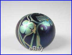 Orient and Flume Art Glass Paperweight Iridescent Silver with Purple Blue