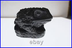 Original Art Glass Pate de verre Black Crystal frog sculpture signed LRC