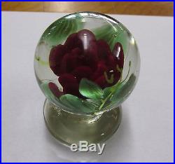 PAPERWEIGHT MINI CRIMP Red ROSE Leaves & stem Pedestal SIGNED Outstanding Detail