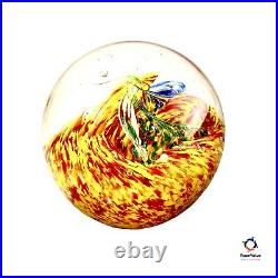 Paperweight Art Glass Blue Green Yellow Red White Swirling Fiery? Wave Round Orb