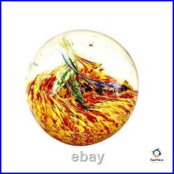 Paperweight Art Glass Blue Green Yellow Red White Swirling Fiery? Wave Round Orb