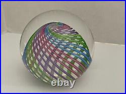 Paul Harrie Paperweight Art Glass Rainbow Threaded Pastel Colors Signed