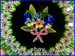 Paul Ysart Lampwork Flower Bouquet & Millefiori Art Glass Paperweight PY Cane