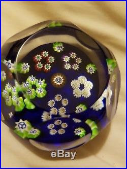 Paul Ysart patterned millefiori paperweight rondello on blue