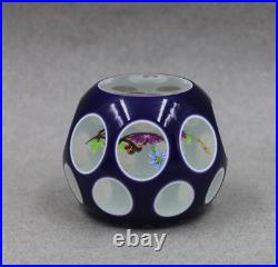 Perthshire Cobalt Flash Overlay Cut To Clear Lampwork Floral Faceted Paperweight