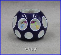 Perthshire Cobalt Flash Overlay Cut To Clear Lampwork Floral Faceted Paperweight