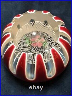 Perthshire Paperweight Red Faceted Crystal Latticino Floral Lampwork