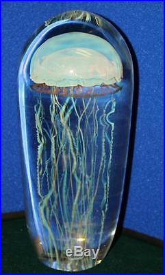 RICK SATAVA`S Moon Jellyfish Paperweight Art Glass Sculpture- Large (10 x 4.5)