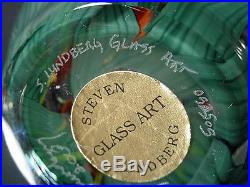 Rare Steven Lundberg Glass Art Dragonfly withCattails Paperweight Vase C 2000