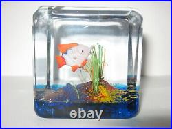 Rare Vintage Murano Glass Fish Aquarium Tank Block Cube Italy Paperweight